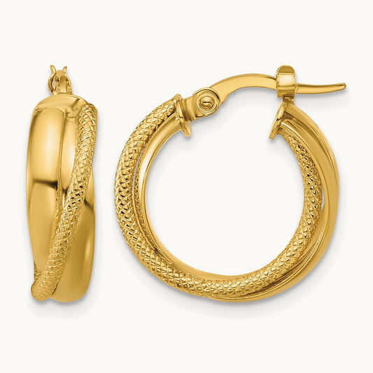 Polished and Textured Round Hoop Earrings, 10K — Leslie's