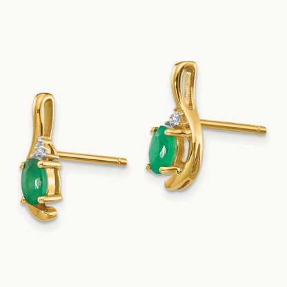 Emerald and Diamond Post Earrings — 14K Yellow Gold