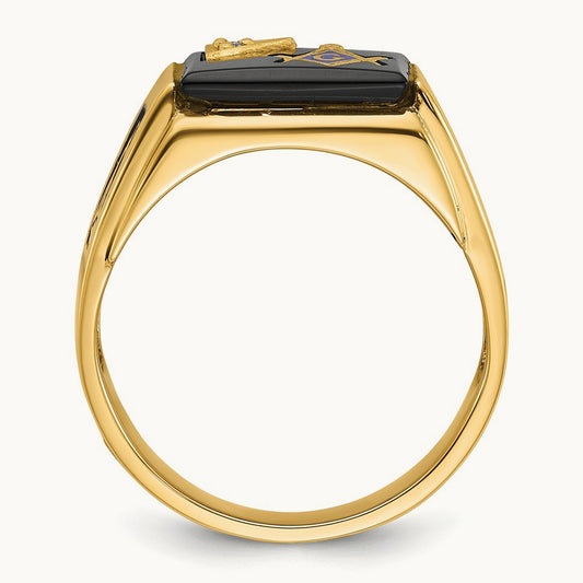 Men's Textured w/ Black Enamel, Onyx & Diamond Masonic Ring, 14K