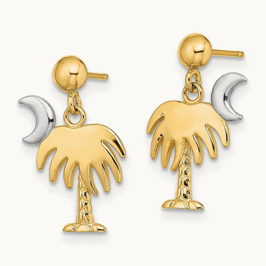 W/ Rhodium Charleston Palm Tree w/ Moon Dangle Earrings, 14K