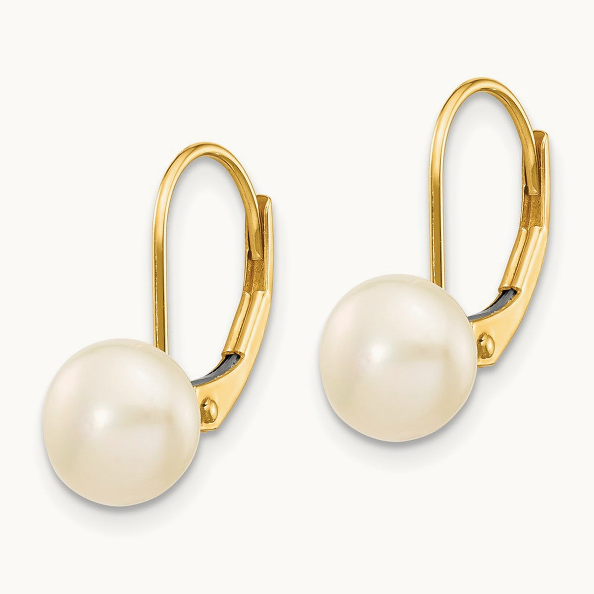 7- White Button Freshwater Cultured Pearl Leverback Earrings, 8mm, 14K