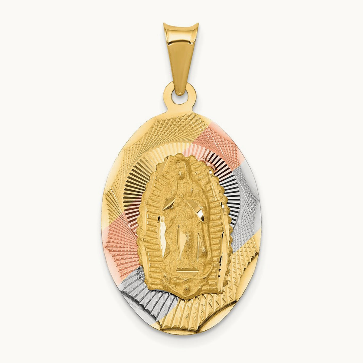 Diamond-cut Lady Of Guadalupe Oval Pendant with rhodium — 33.5mm