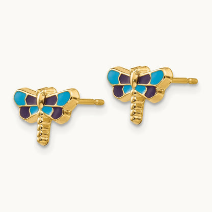 Enameled Dragonfly Earrings, 14K