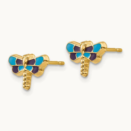 Enameled Dragonfly Earrings, 14K
