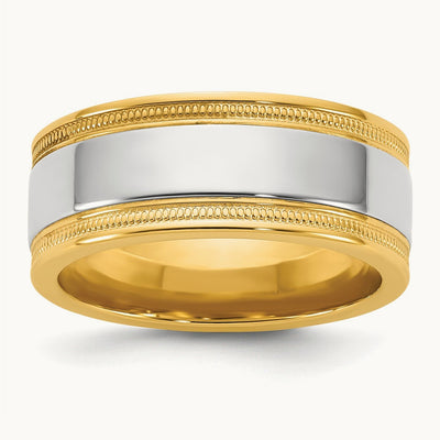 Y/W Milgrain Wedding Band, 8mm, 14K Two-tone