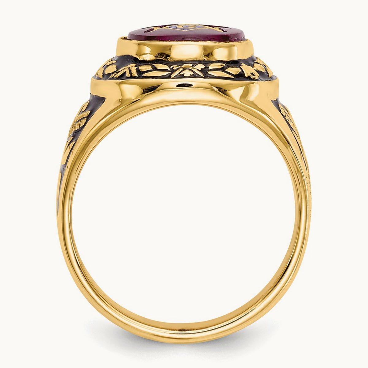 Men's Antiqued & Textured with Lab Created Ruby Masonic Ring — 14K Yellow Gold