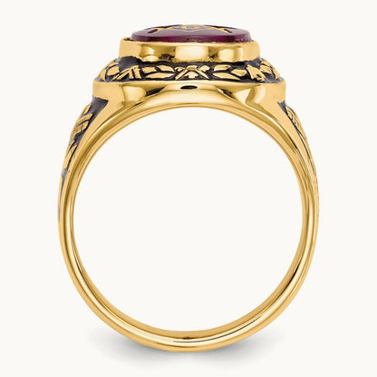 Men's Antiqued & Textured with Lab Created Ruby Masonic Ring — 14K Yellow Gold