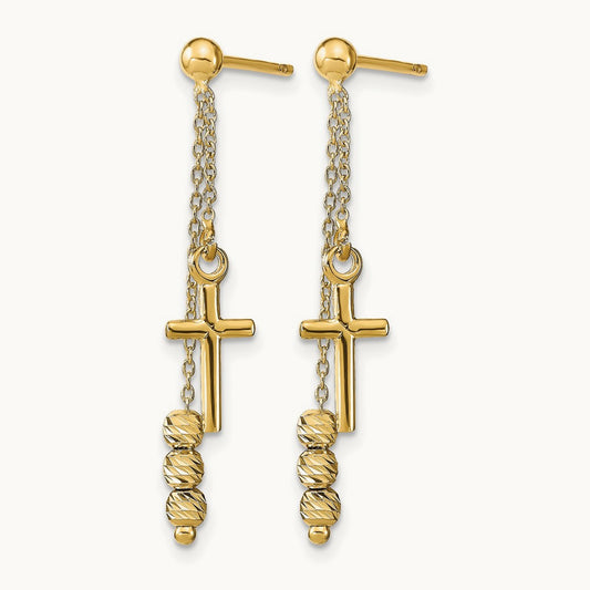 Polished D/C Cross Beaded Post Dangle Earrings, 14K — Leslie's
