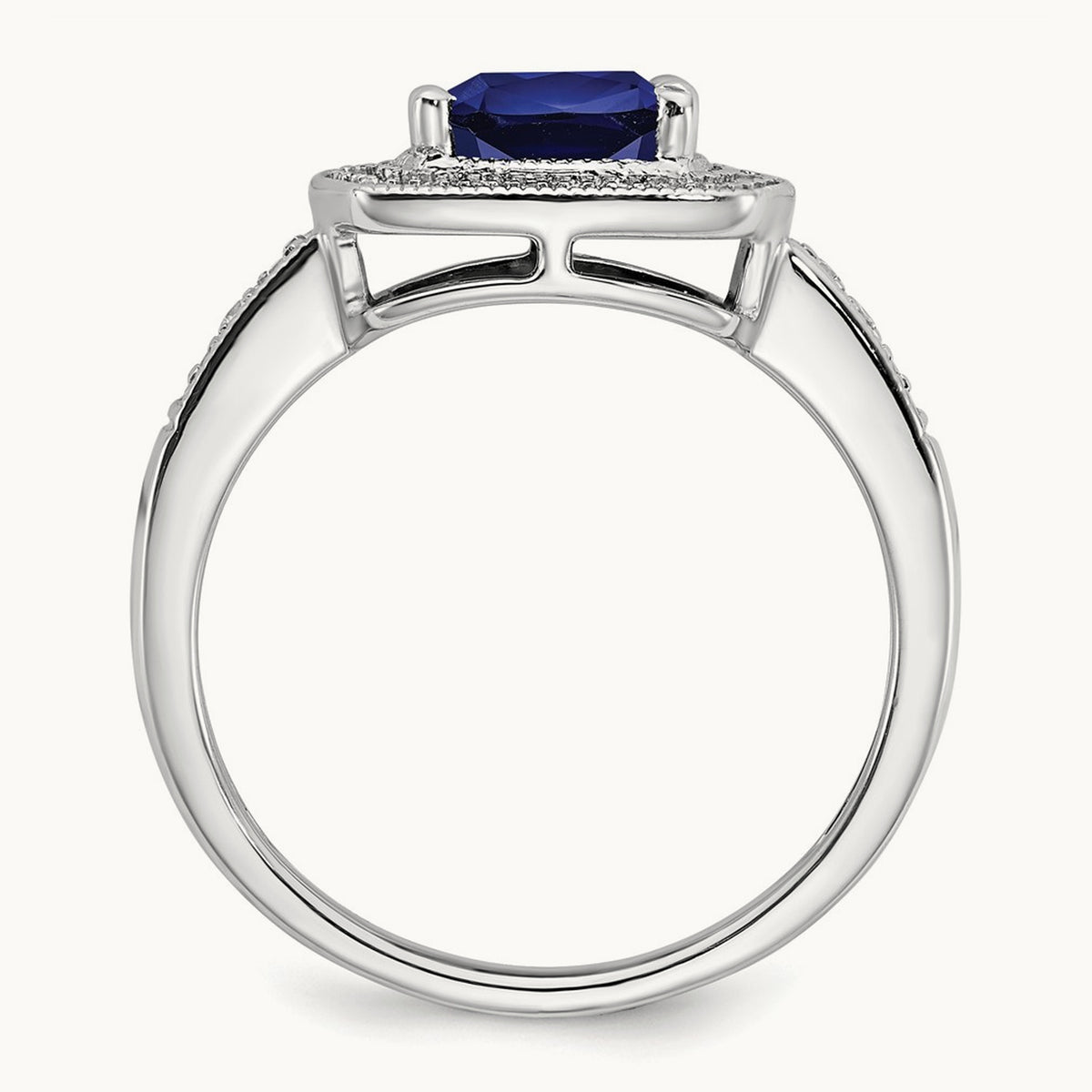 Cushion Created Sapphire and Diamond Halo Ring, 14K White Gold