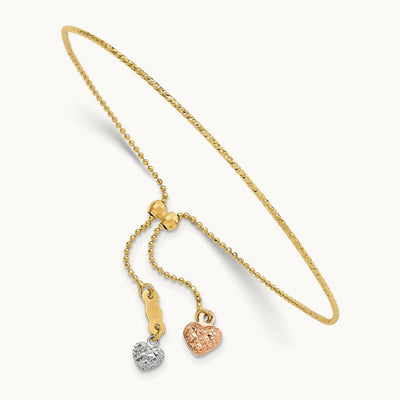 Tri-color D/C Heart Adjustable Bracelet, 14K