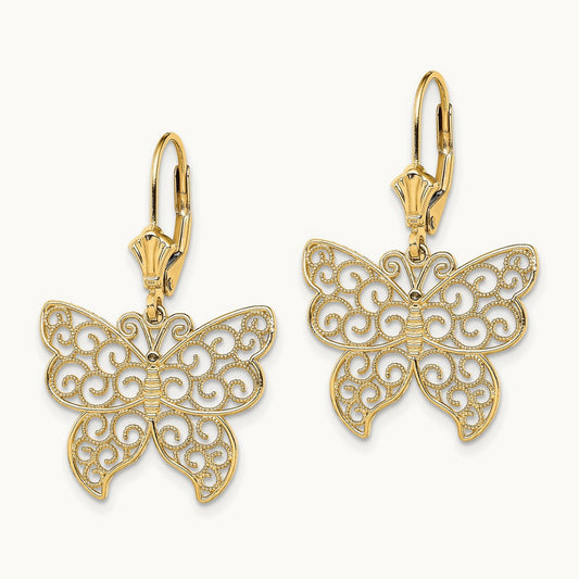 Butterfly w/ Beaded Filigree Wings Leverback Earrings, 14K