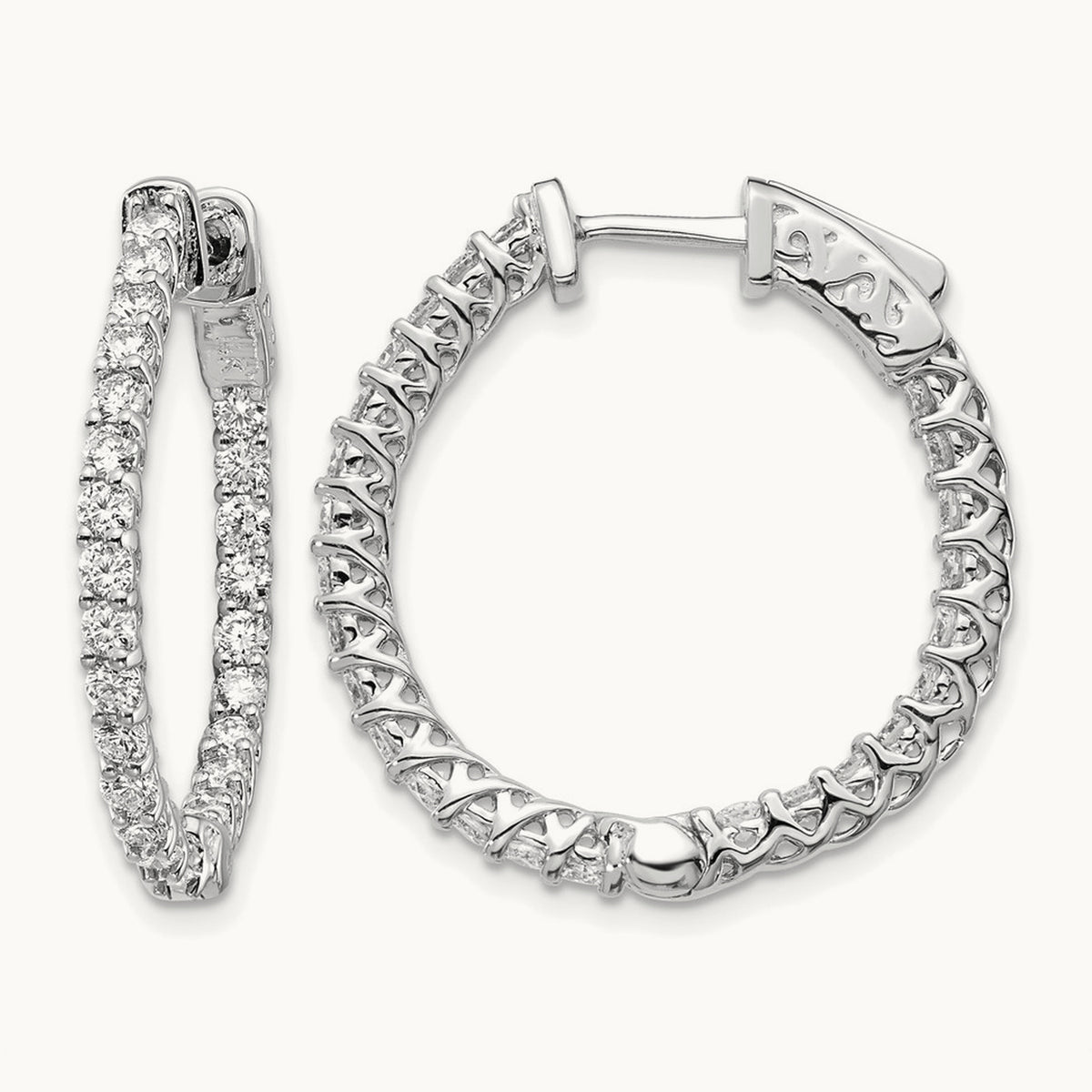 Diamond Round Hoop w/Safety Clasp Earrings, 14K White Gold