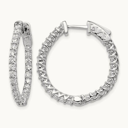 Diamond Round Hoop w/Safety Clasp Earrings, 14K White Gold