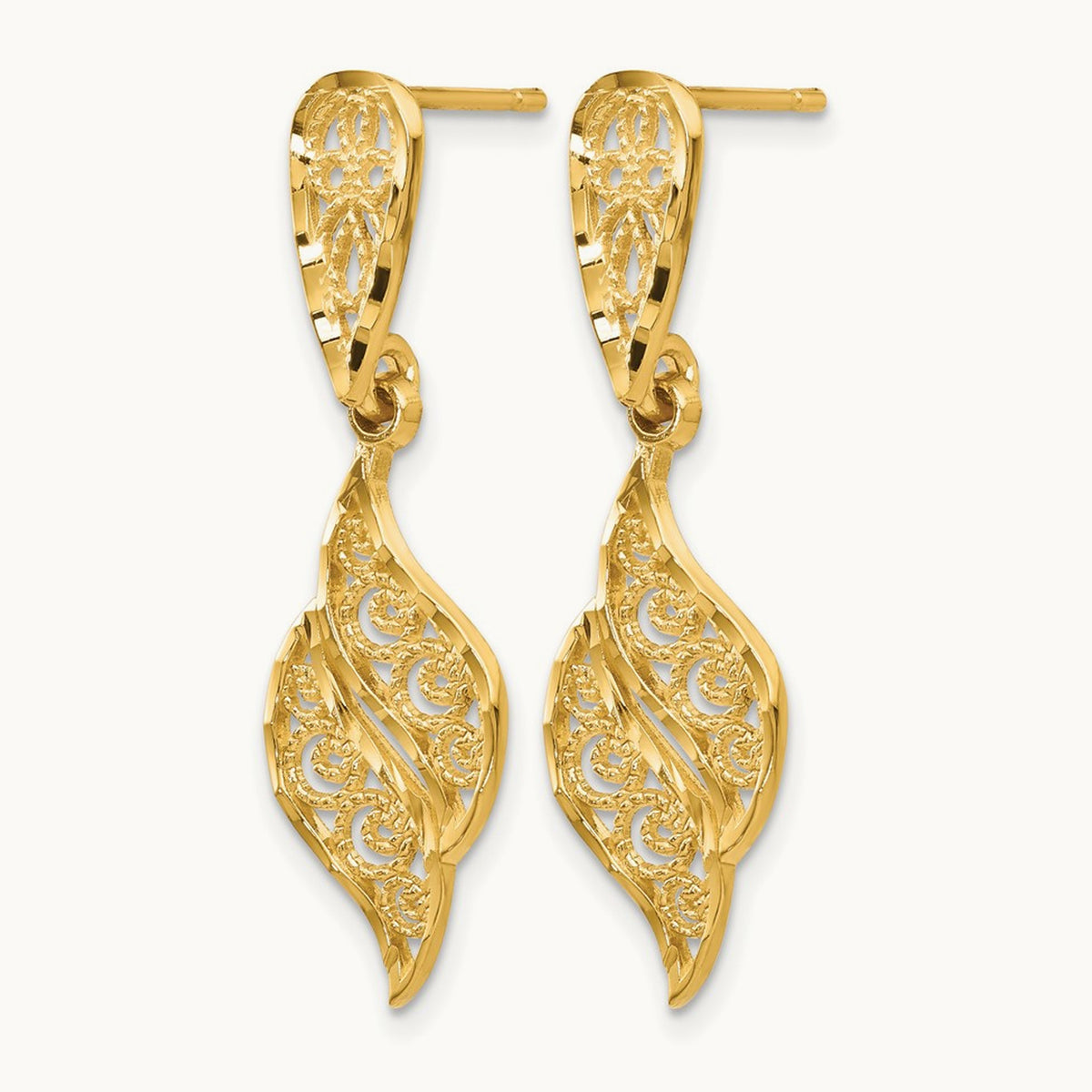 Polished & Diamond-Cut Filigree Swirl Dangle Post Earrings, 14K