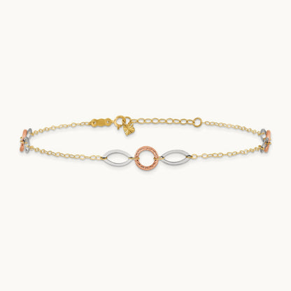Tri-color Circle and Oval 9in Plus 1in ext. Anklet, 14K