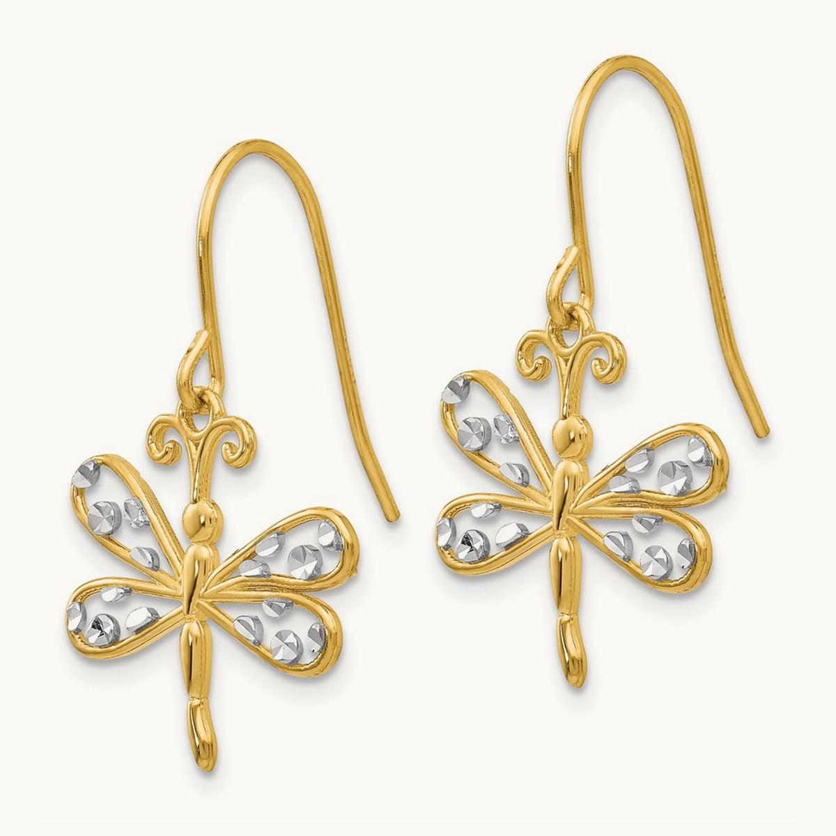& Rhodium Diamond-cut Dragonfly Shepherd Hook Earrings, 14K
