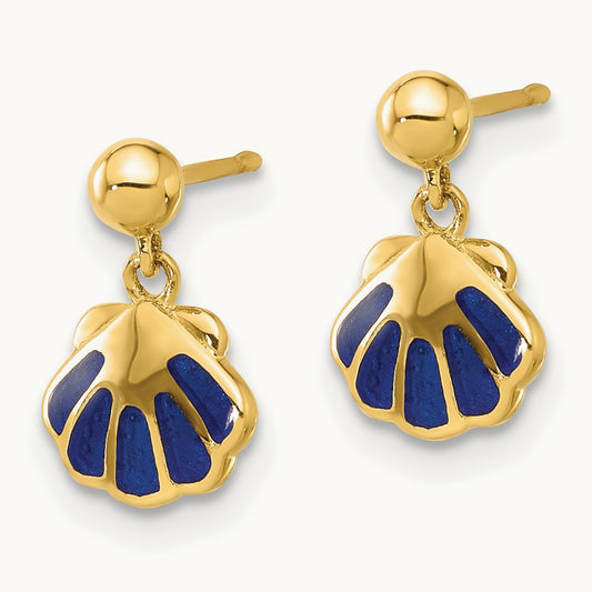 Madi K Polished Blue Enameled Shell Post Dangle Earrings, 14K