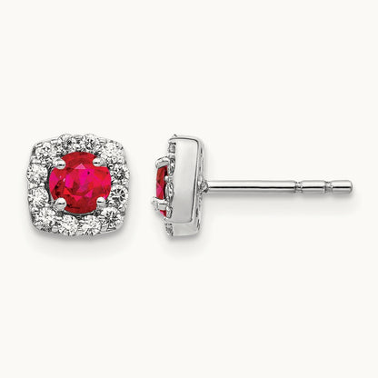 Created Ruby Halo Post Earrings, 0.20 ct tw Lab-Grown Diamond