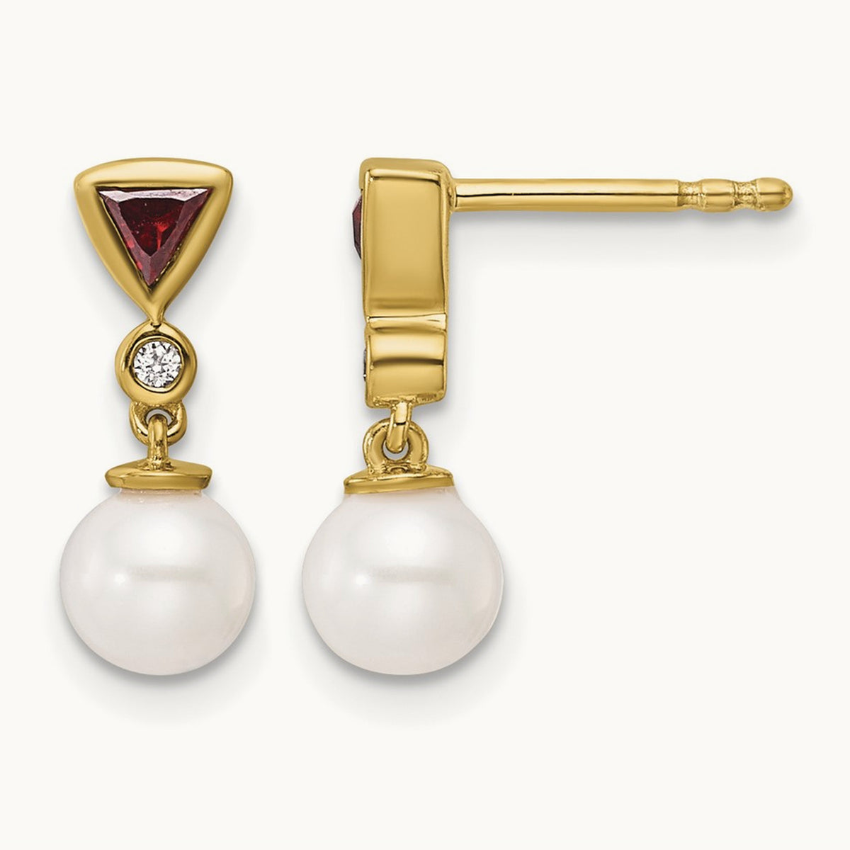 Polished Diamond and Ruby Pearl Dangle Post Earrings, 14K