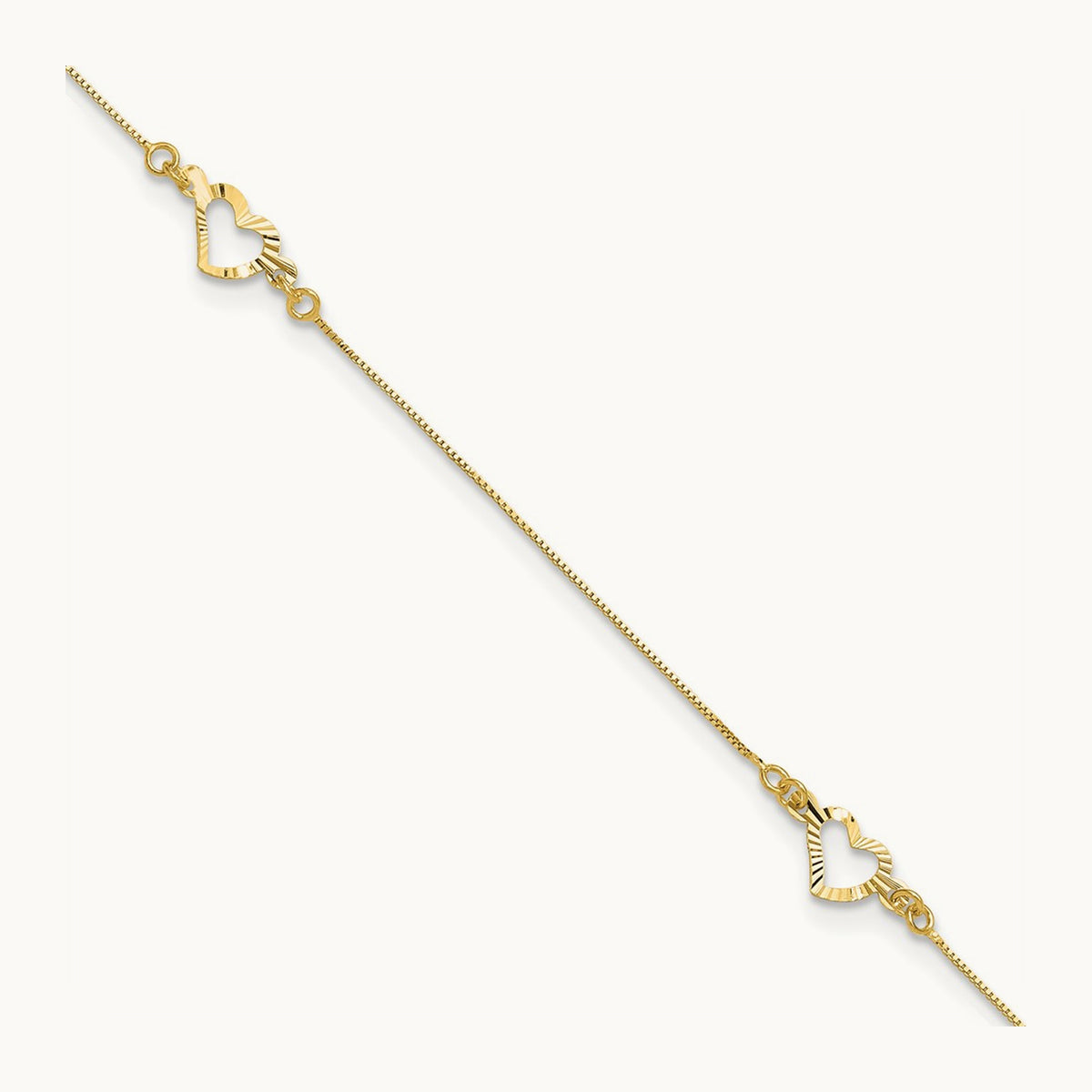 Diamond-cut Heart 10in Plus 1in ext. Anklet, 14K