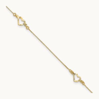 Diamond-cut Heart 10in Plus 1in ext. Anklet, 14K