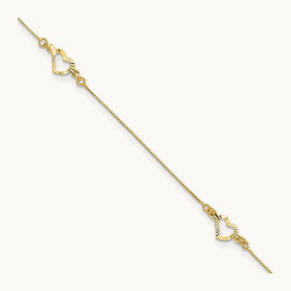 Diamond-cut Heart 10in Plus 1in ext. Anklet, 14K