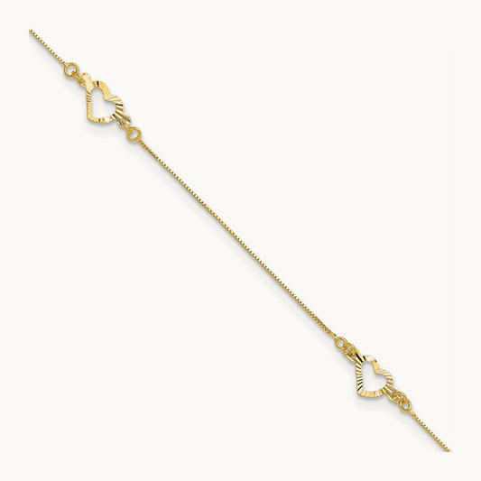 Diamond-cut Heart 10in Plus 1in ext. Anklet, 14K