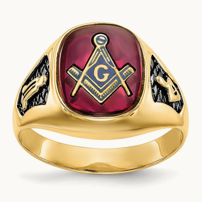 Men's Textured w/ Black Enamel & Lab Cr. Ruby Masonic Ring, 14K