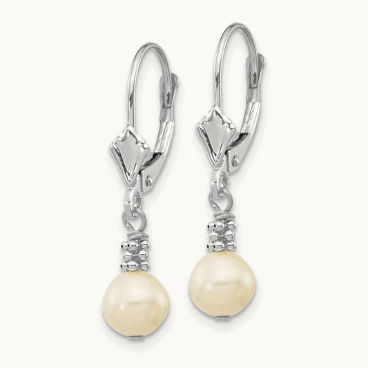 5- White Semi-round FWC Pearl Leverback Earrings, 6mm, 14K White Gold
