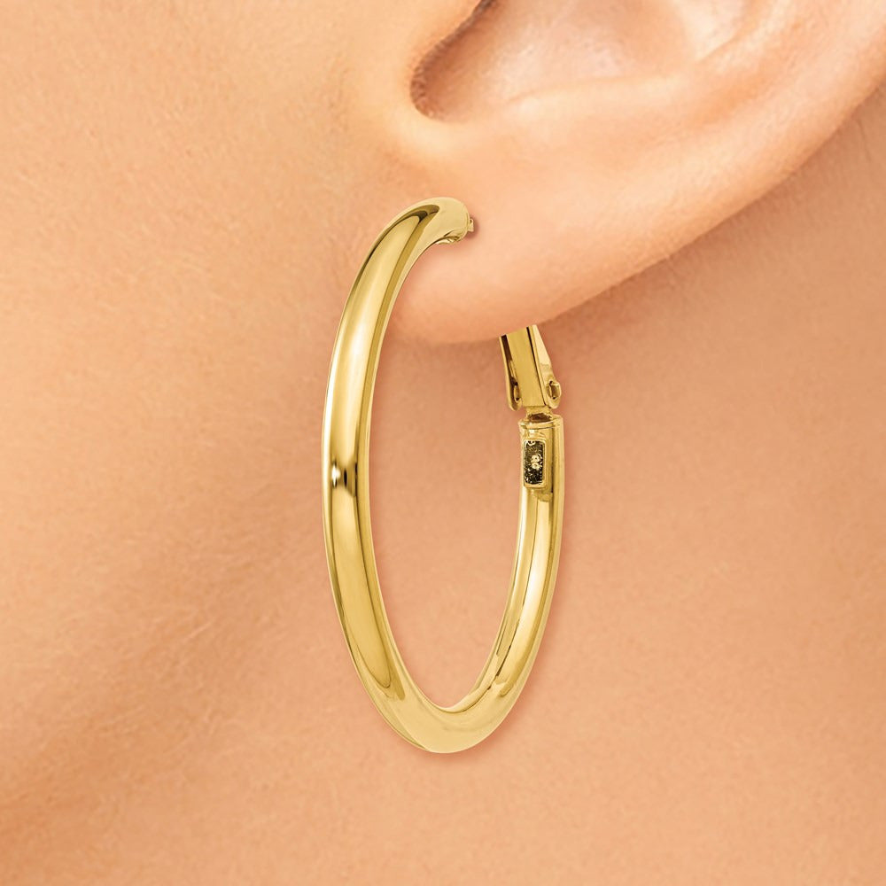 Polished Round Omega Back Hoop Earrings — 14K Yellow Gold, 3x36mm