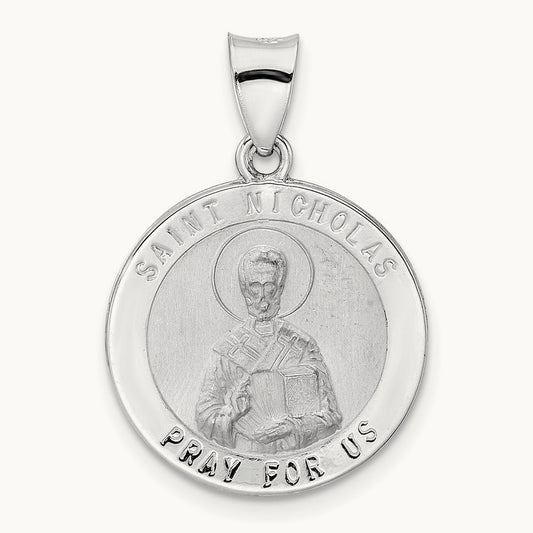 Polished and Satin Hollow St Nicholas Medal Pendant, 14K White Gold