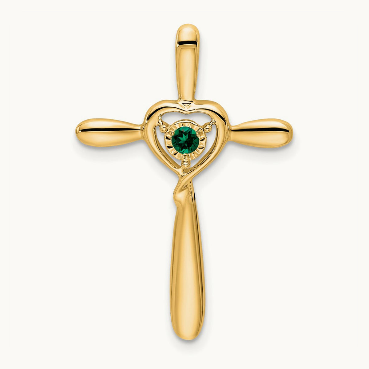 Created Emerald Cross w/Heart Chain Slide, 14K