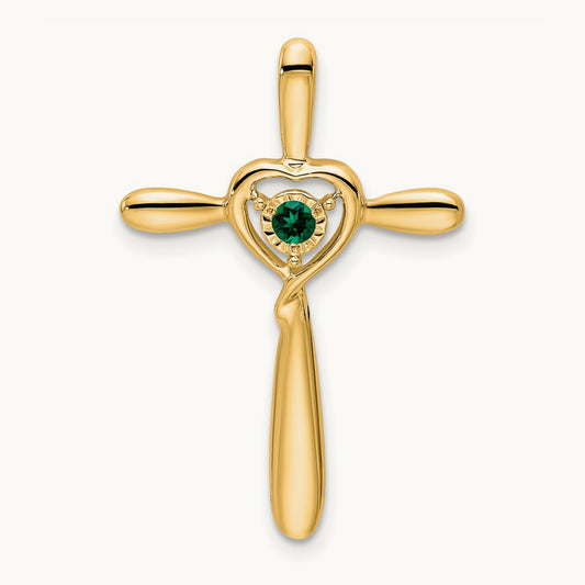 Created Emerald Cross w/Heart Chain Slide, 14K