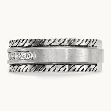 w/ Black RH IBGoodman Men's Polished Satin Grooved Diamond Ring, 14K White Gold