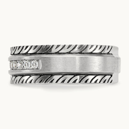 w/ Black RH IBGoodman Men's Polished Satin Grooved Diamond Ring, 14K White Gold