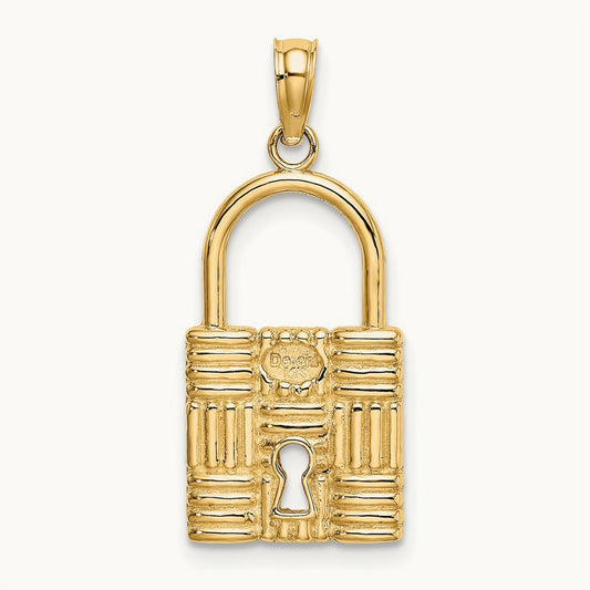 3-D Padlock w/Key Hole Charm, 14K