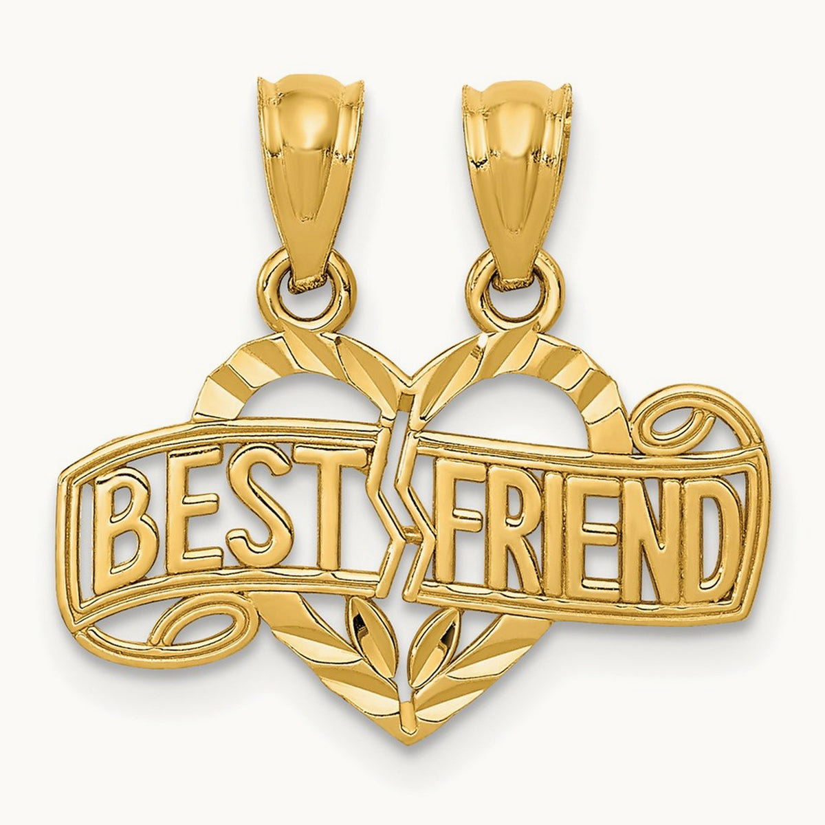 Diamond-cut Break Apart BEST FRIEND Heart Pendant, 14K