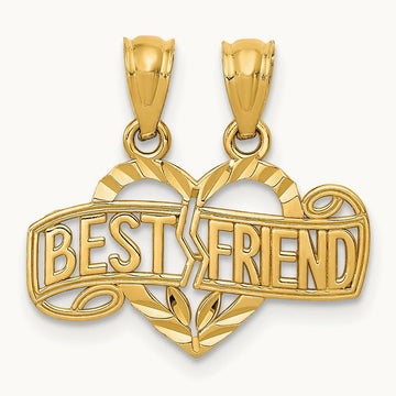 Diamond-cut Break Apart BEST FRIEND Heart Pendant, 14K