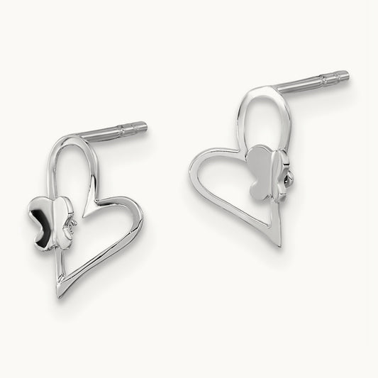 Madi K Heart W/Butterfly Post Earrings, 14K White Gold
