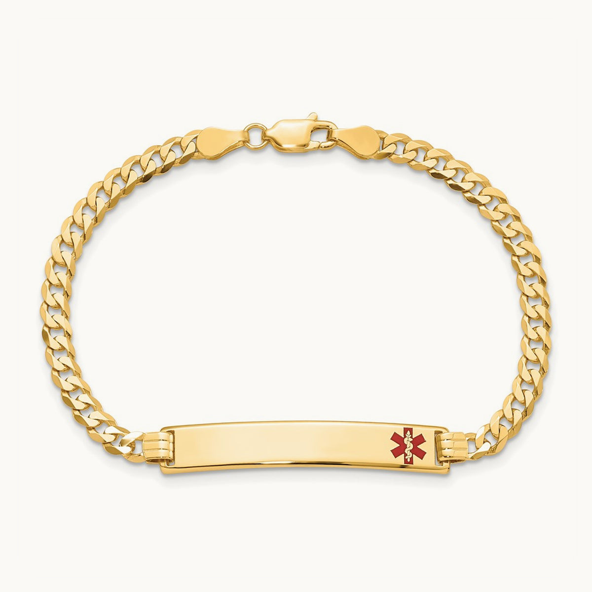 Medical Red Enamel Flat Curb Link ID Bracelet, 14K