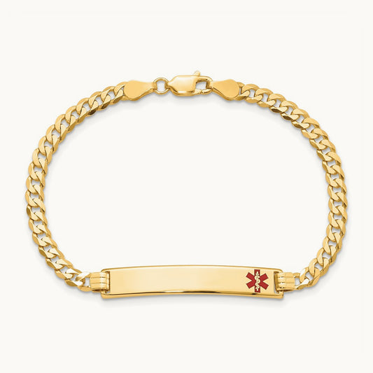 Medical Red Enamel Flat Curb Link ID Bracelet, 14K