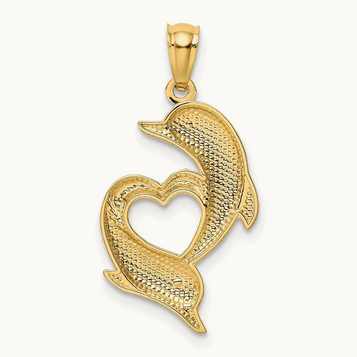 D/C Satin and Polished Dolphins Heart Pendant, 14K