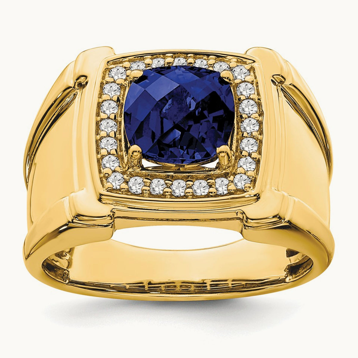 Created Checkerboard Sapphire and Diamond Mens Ring, 14K