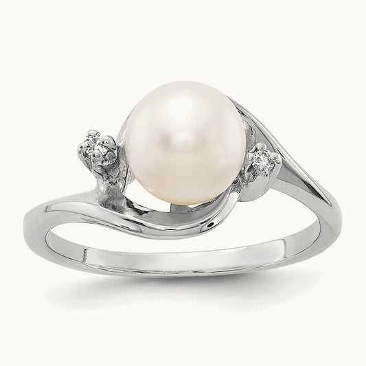 FW Cultured Pearl AA Diamond ring, 7mm, 14K White Gold