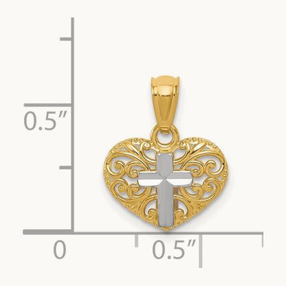 w/Rhodium Cross in Heart Pendant, 14K