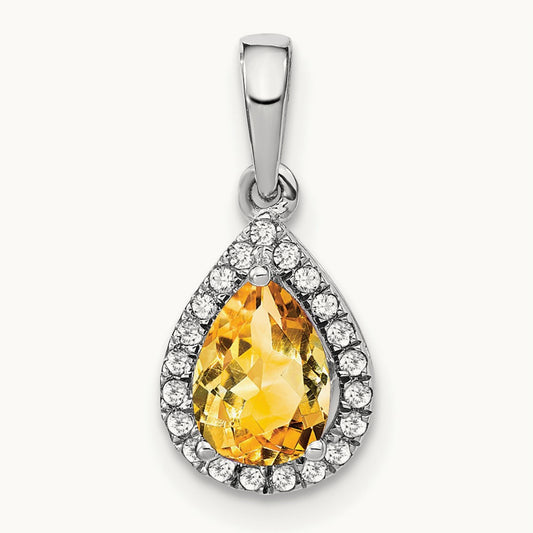 Pear Citrine and Diamond Halo Pendant, 14K White Gold