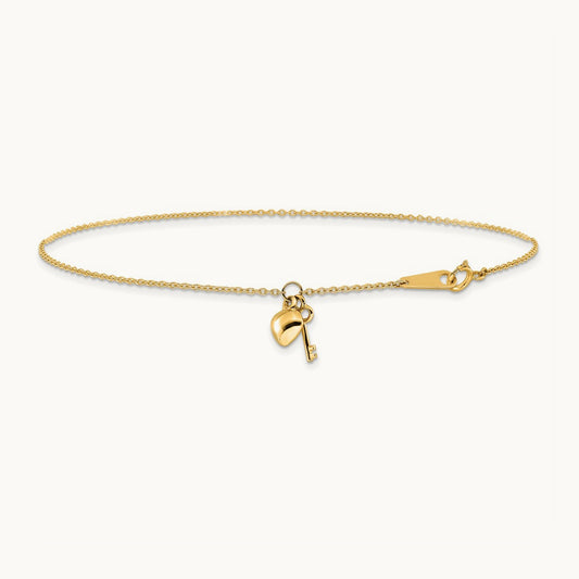 Heart and Key 9in Plus 1in ext. Anklet, 14K Gold