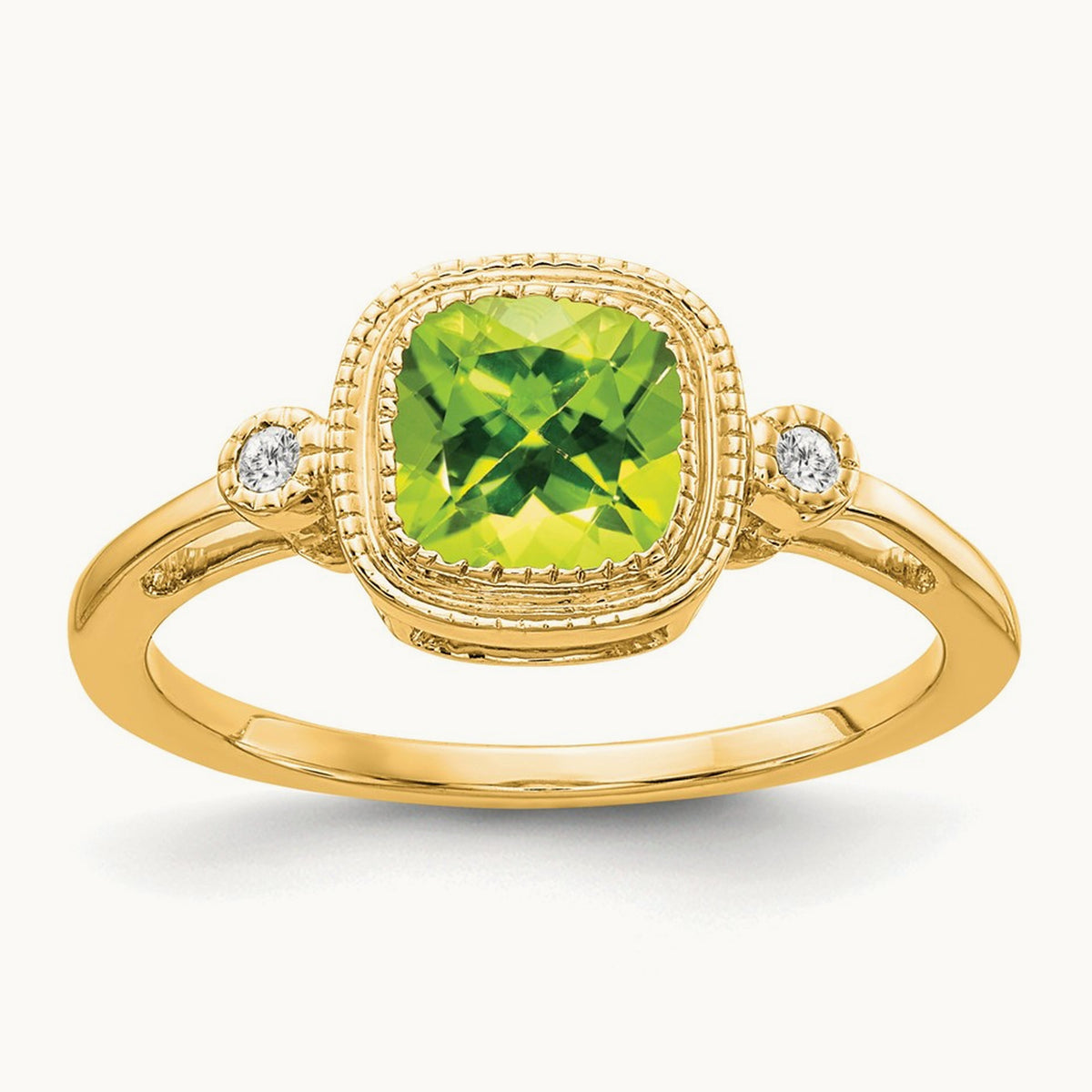 Cushion Peridot and Diamond Ring — 14K Yellow Gold, 7
