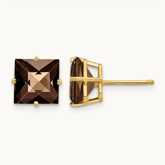 Square Checker-Cut Smoky Quartz Earrings, 8mm, 14K