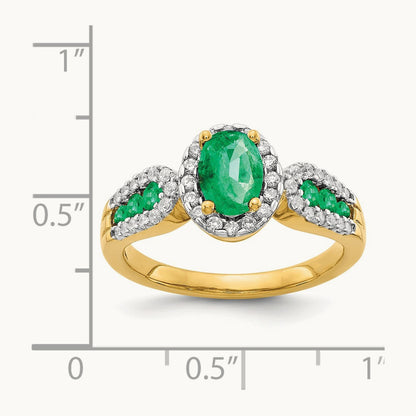 Diamond and Oval Emerald Ring — 14K Yellow Gold